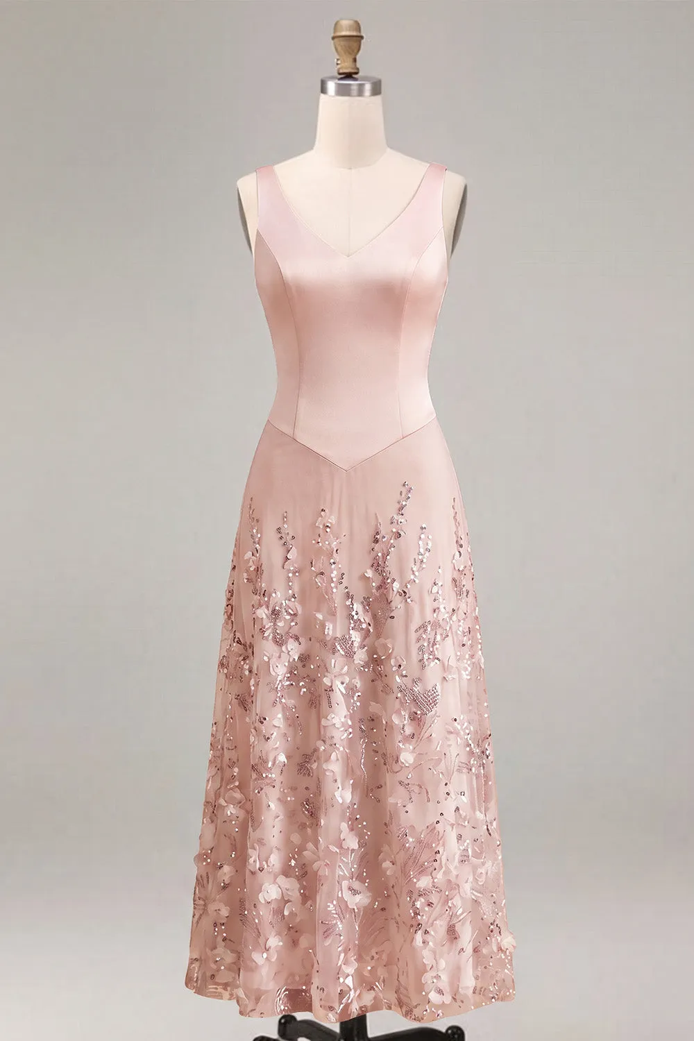 Pink A Line Sequin V Neck Wedding Guest Dress with 3D Flowers sold by Wedtrend product image thumbnail 5