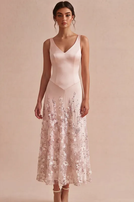Pink A Line Sequin V Neck Wedding Guest Dress with 3D Flowers made by Wedtrend