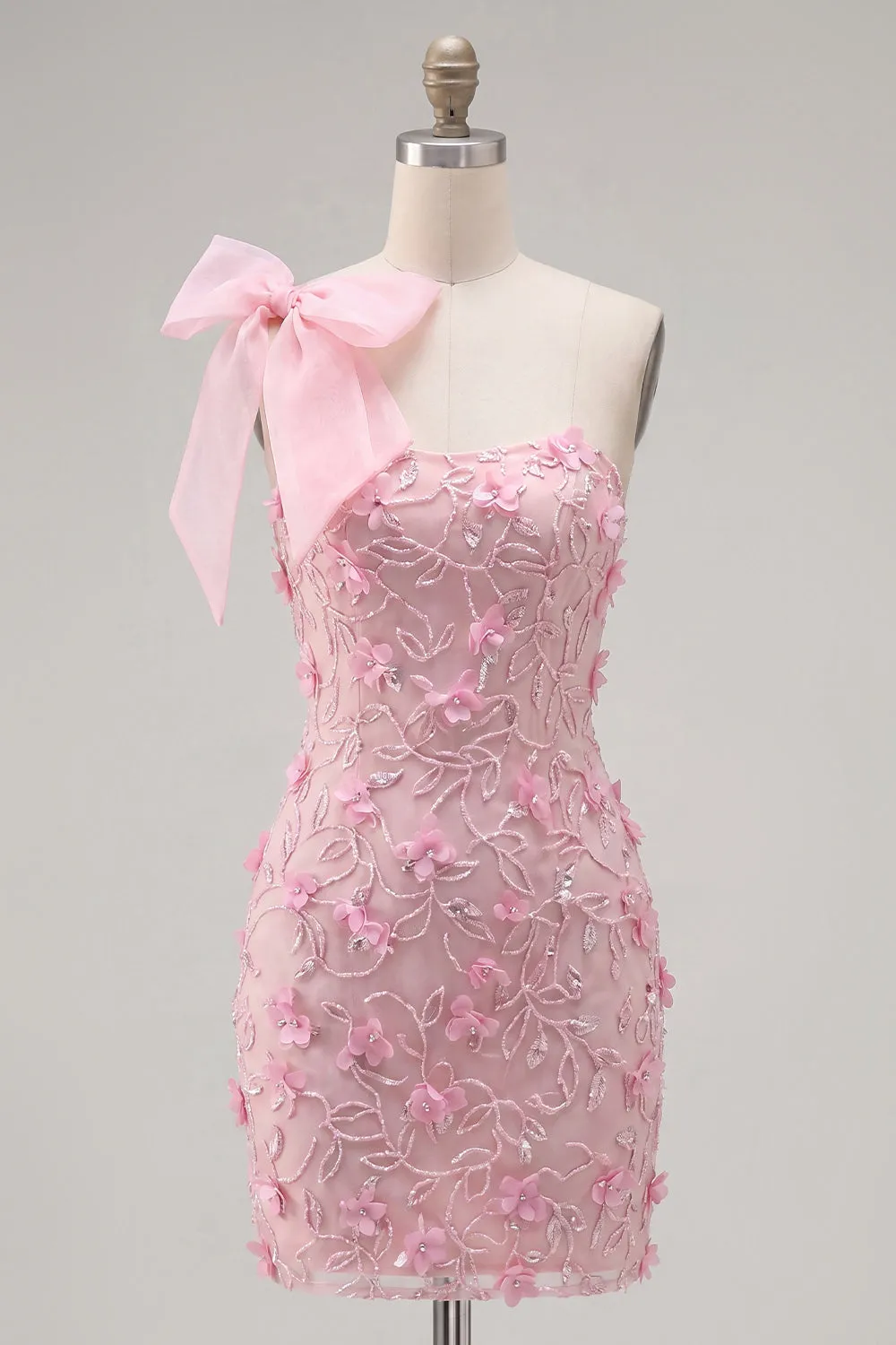 Pink One Shoulder 3D Flower Bow Bodycon Homecoming Dress sold by Wedtrend product image thumbnail 5