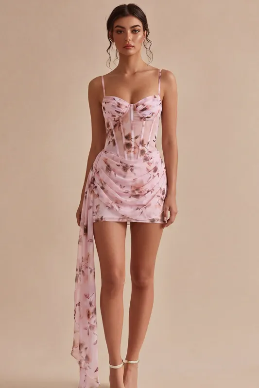 Pink Floral Corset Tight Mini Cocktail Dress with Sash made by Wedtrend