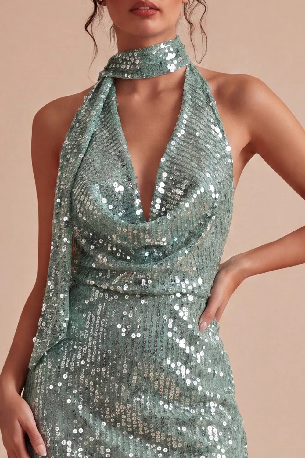 Light Green Sequin Halter Tight Mini Cocktail Dress sold by Wedtrend product image thumbnail 4