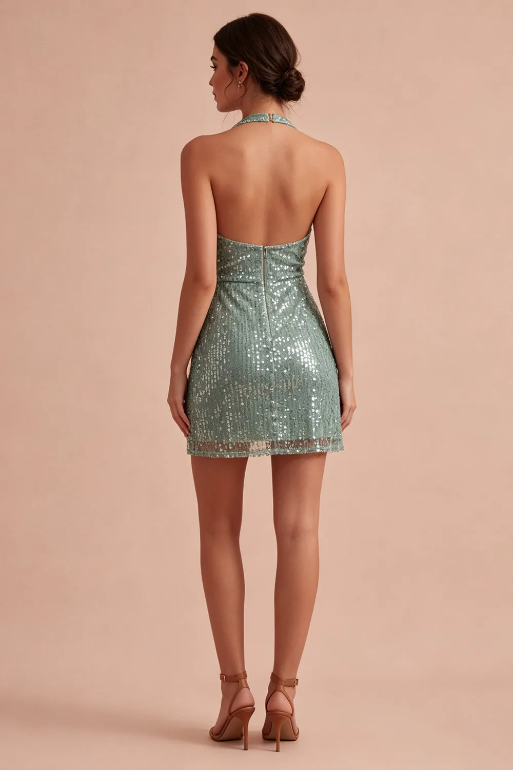 Light Green Sequin Halter Tight Mini Cocktail Dress sold by Wedtrend product image thumbnail 2