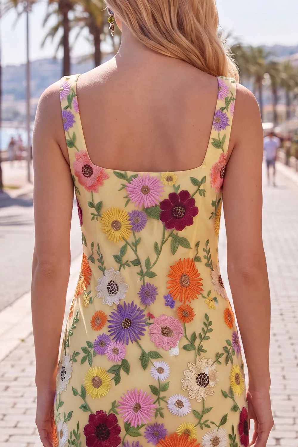 Yellow Square Neck Floral Embroidered Bodycon Homecoming Dress sold by Wedtrend product image thumbnail 4