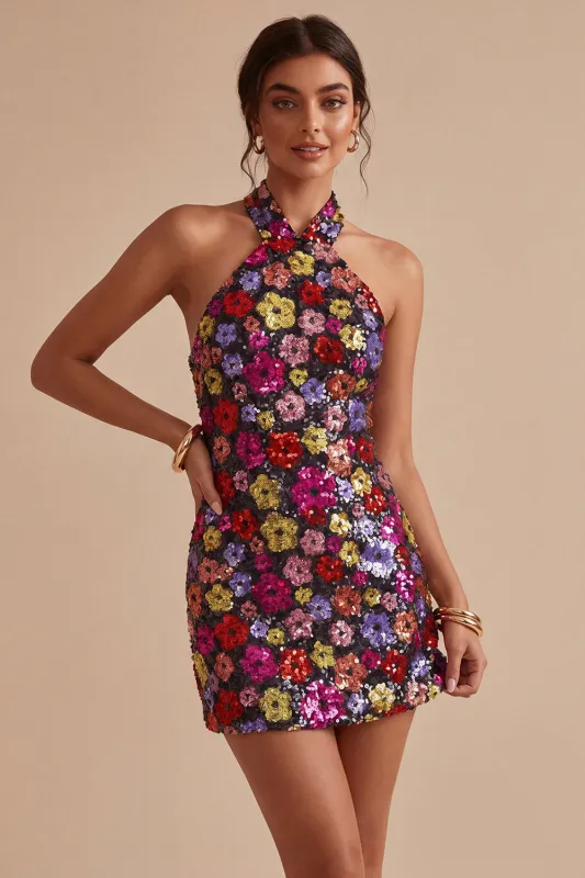 Sparkly Halter Floral Bodycon Black Homecoming Dress made by Wedtrend