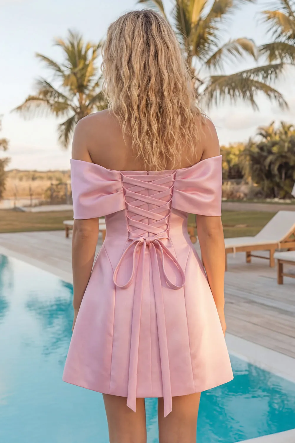 Blush Pink Off the Shoulder Bow A Line Satin Homecoming Dress with Lace-up Back sold by Wedtrend product image thumbnail 2