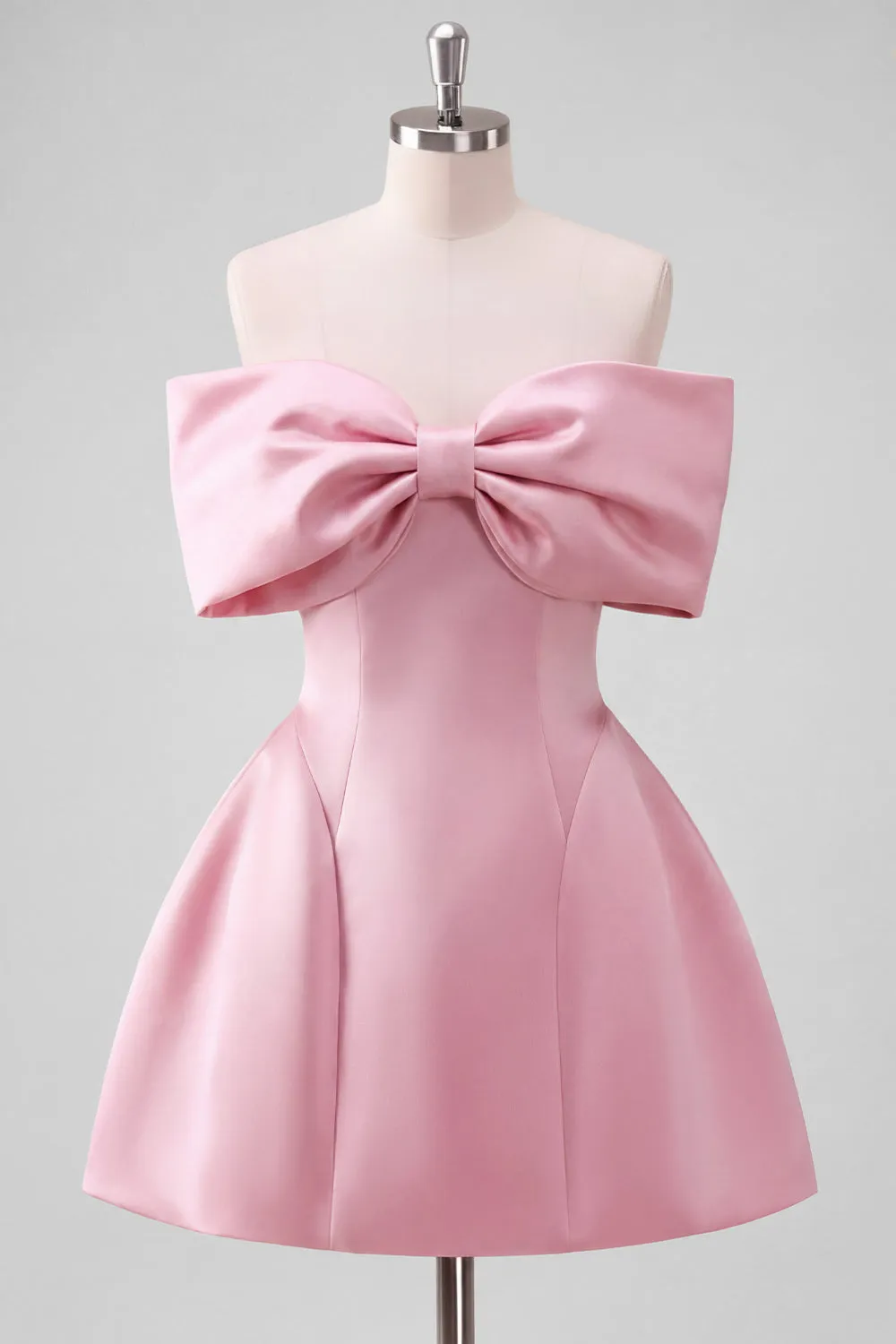 Blush Pink Off the Shoulder Bow A Line Satin Homecoming Dress with Lace-up Back sold by Wedtrend product image thumbnail 5