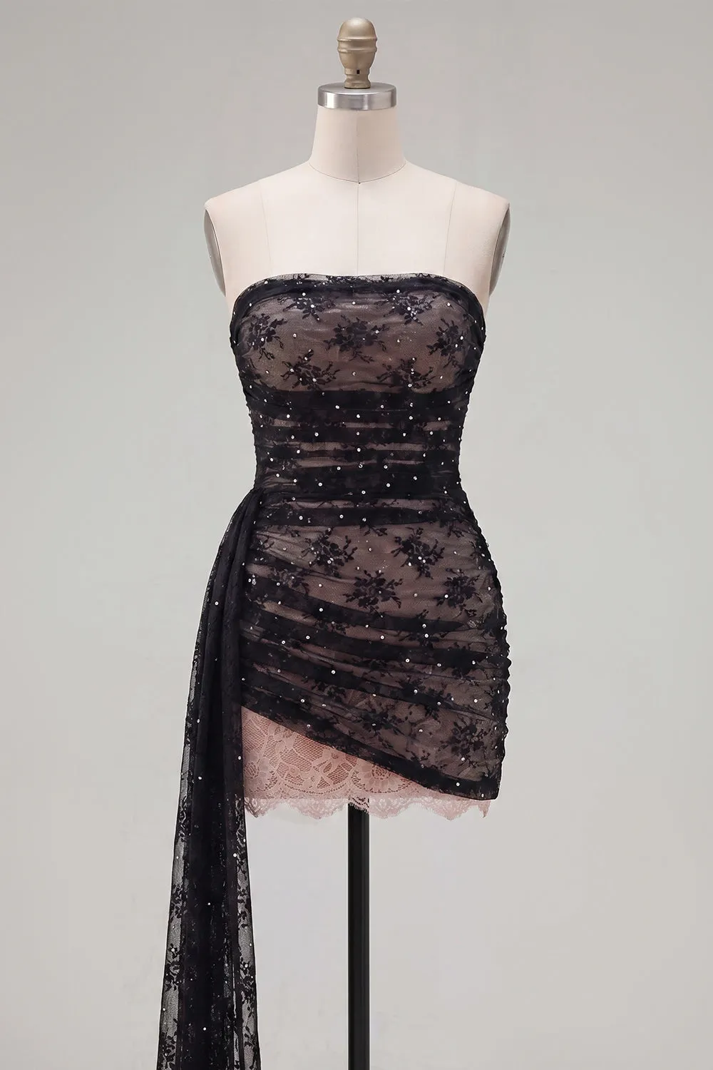 Black Strapless Bodycon Ruched Lace Beaded Homecoming Dress with Sash sold by Wedtrend product image thumbnail 5