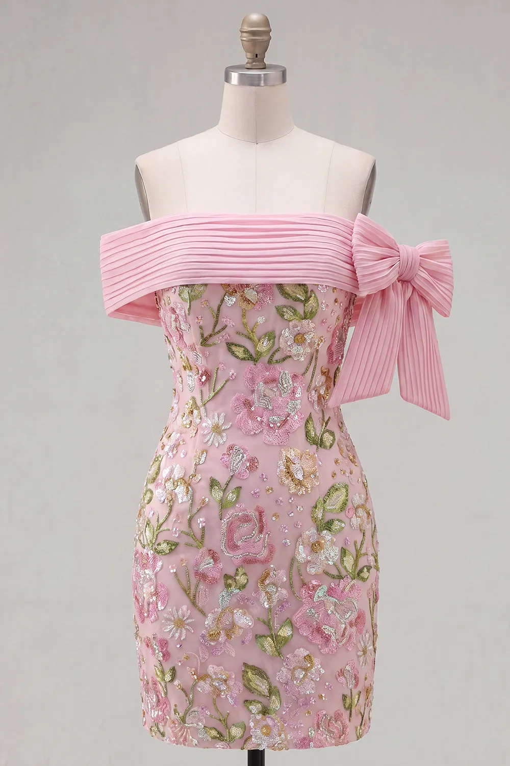 Off the Shoulder Pink Floral Sequin Bodycon Homecoming Dress with Bow sold by Wedtrend product image thumbnail 5