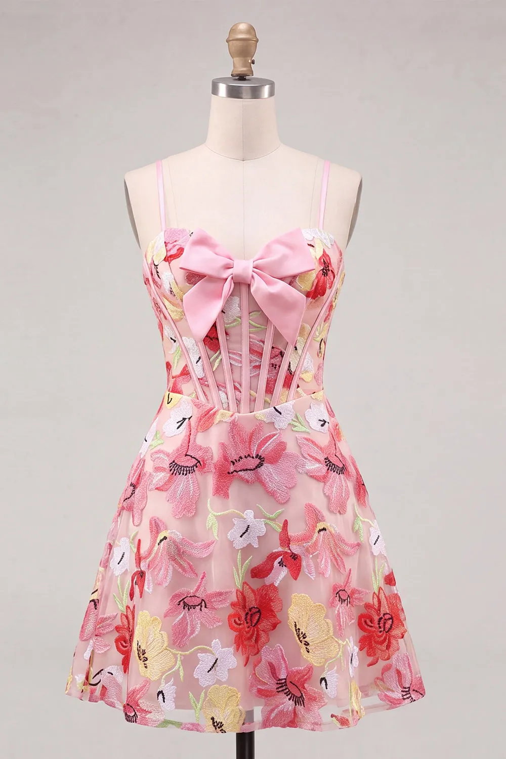 Pink Floral Applique A Line Corset Short Homecoming Dress with Bow sold by Wedtrend product image thumbnail 5