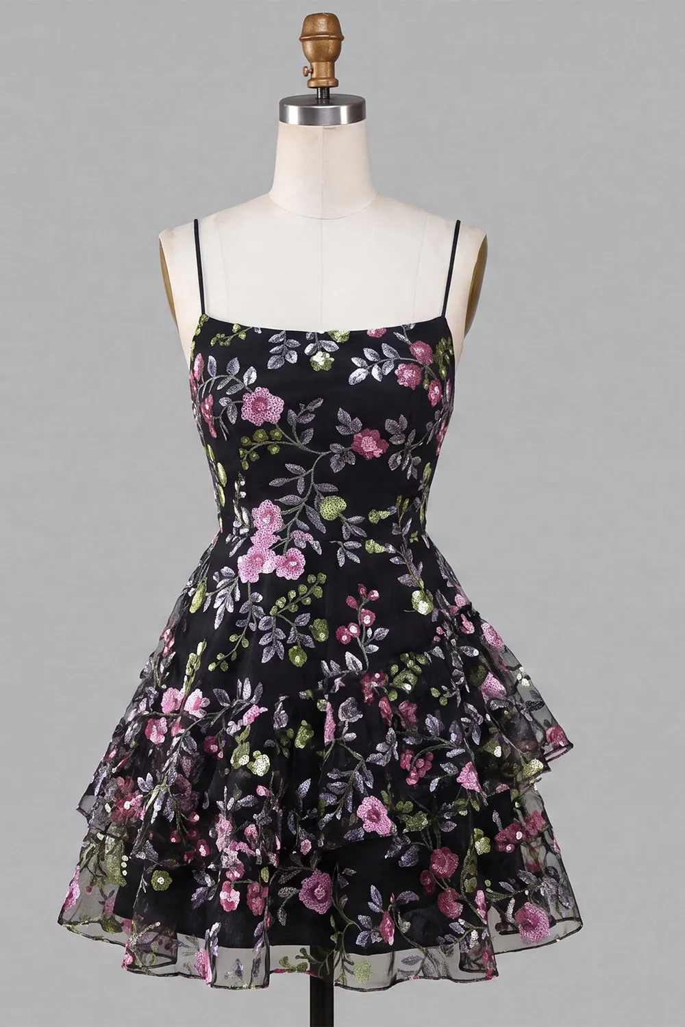 Black Floral Embroidered Sequin A Line Homecoming Dress sold by Wedtrend product image thumbnail 5