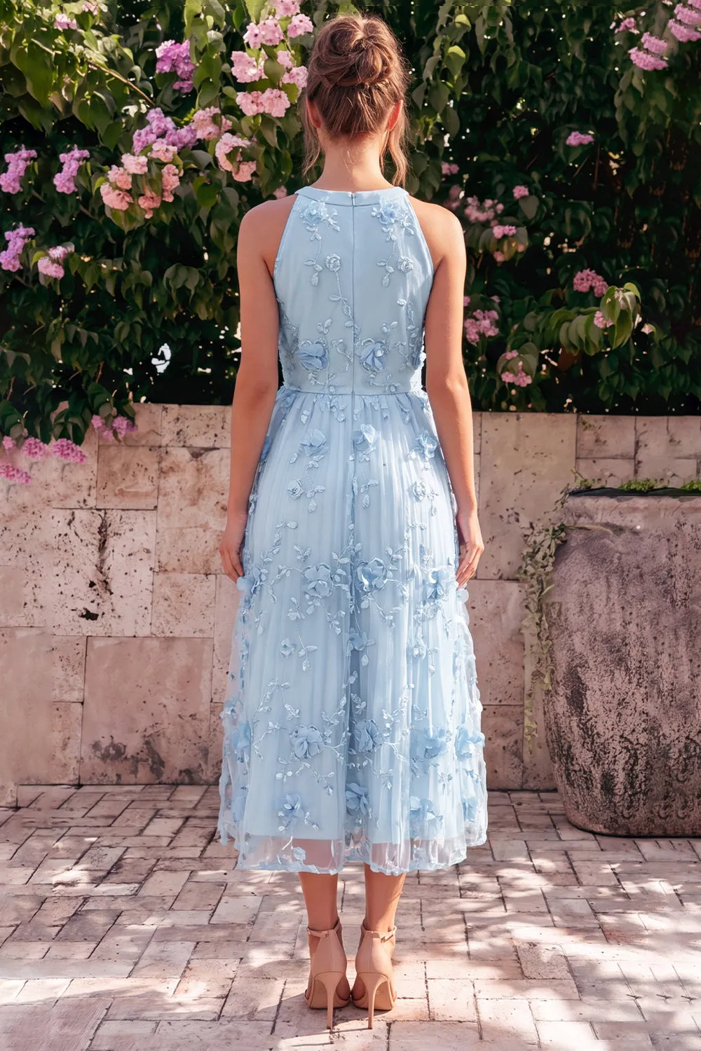 Halter A Line Pink Wedding Guest Dress with 3D Flowers sold by Wedtrend product image thumbnail 4