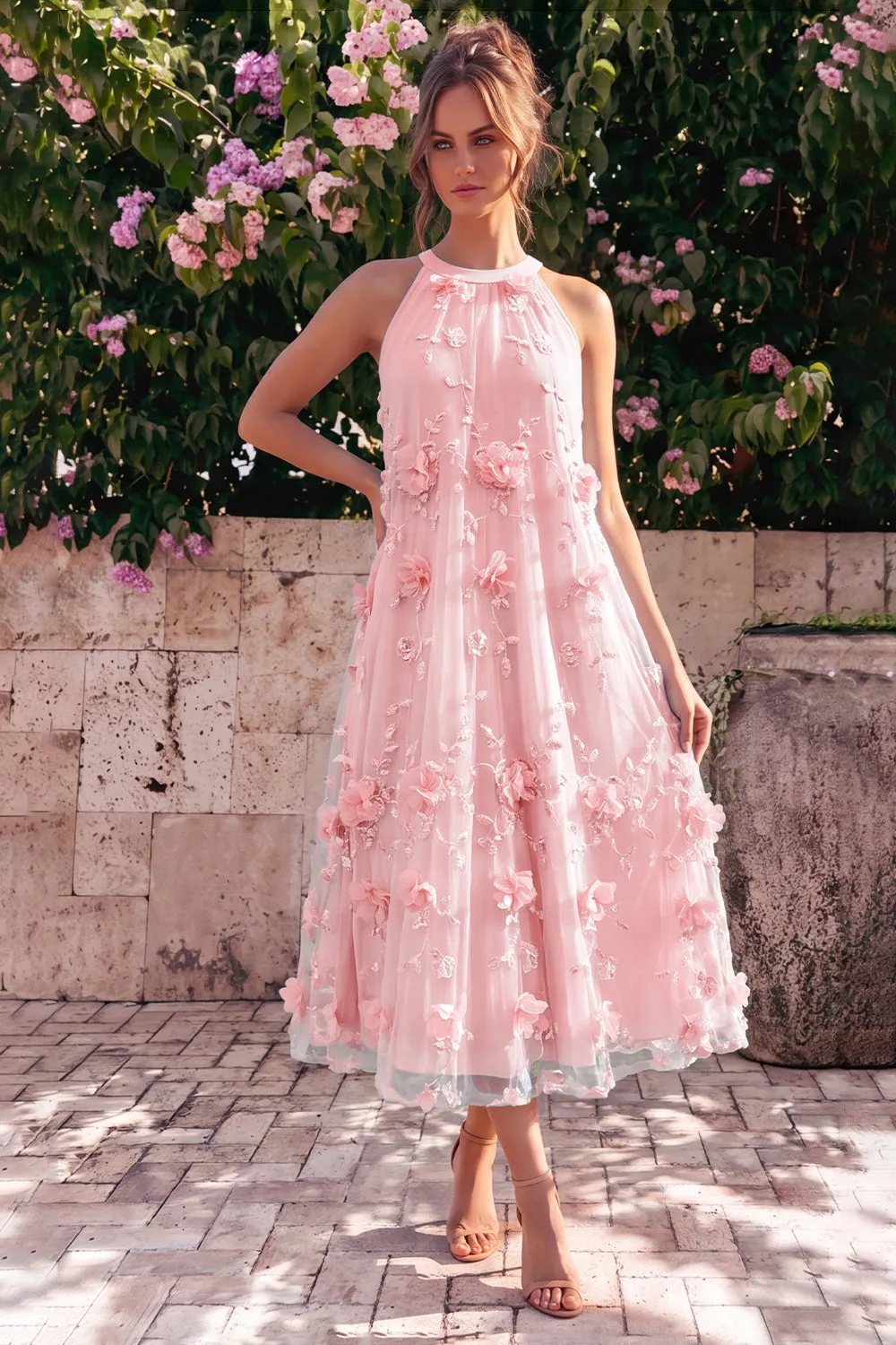 Halter A Line Pink Wedding Guest Dress with 3D Flowers sold by Wedtrend