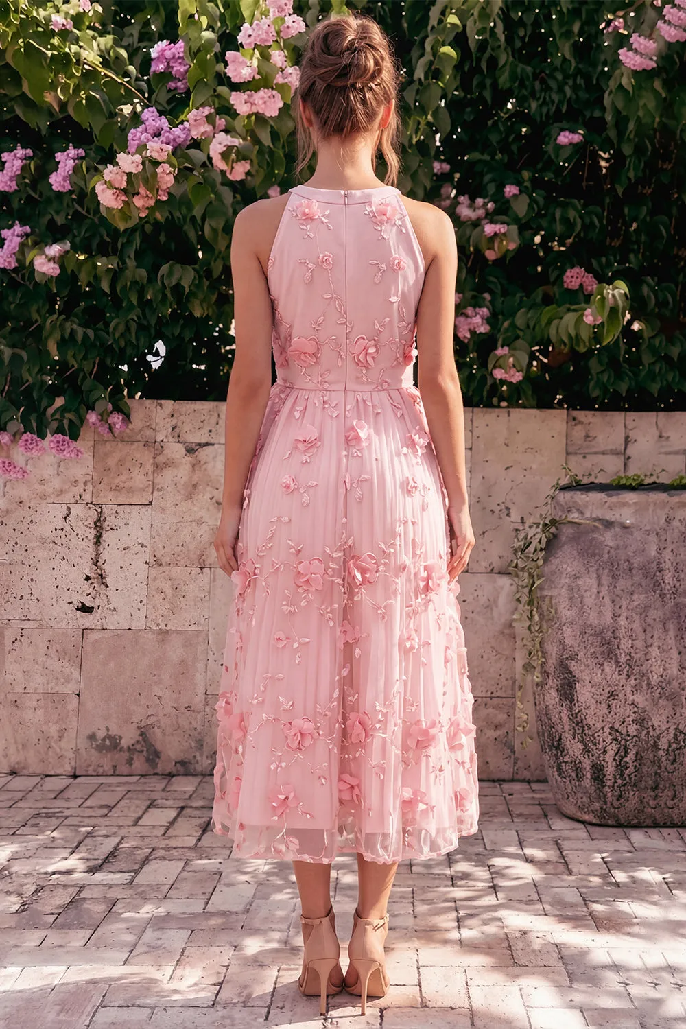 Halter A Line Pink Wedding Guest Dress with 3D Flowers sold by Wedtrend product image thumbnail 2