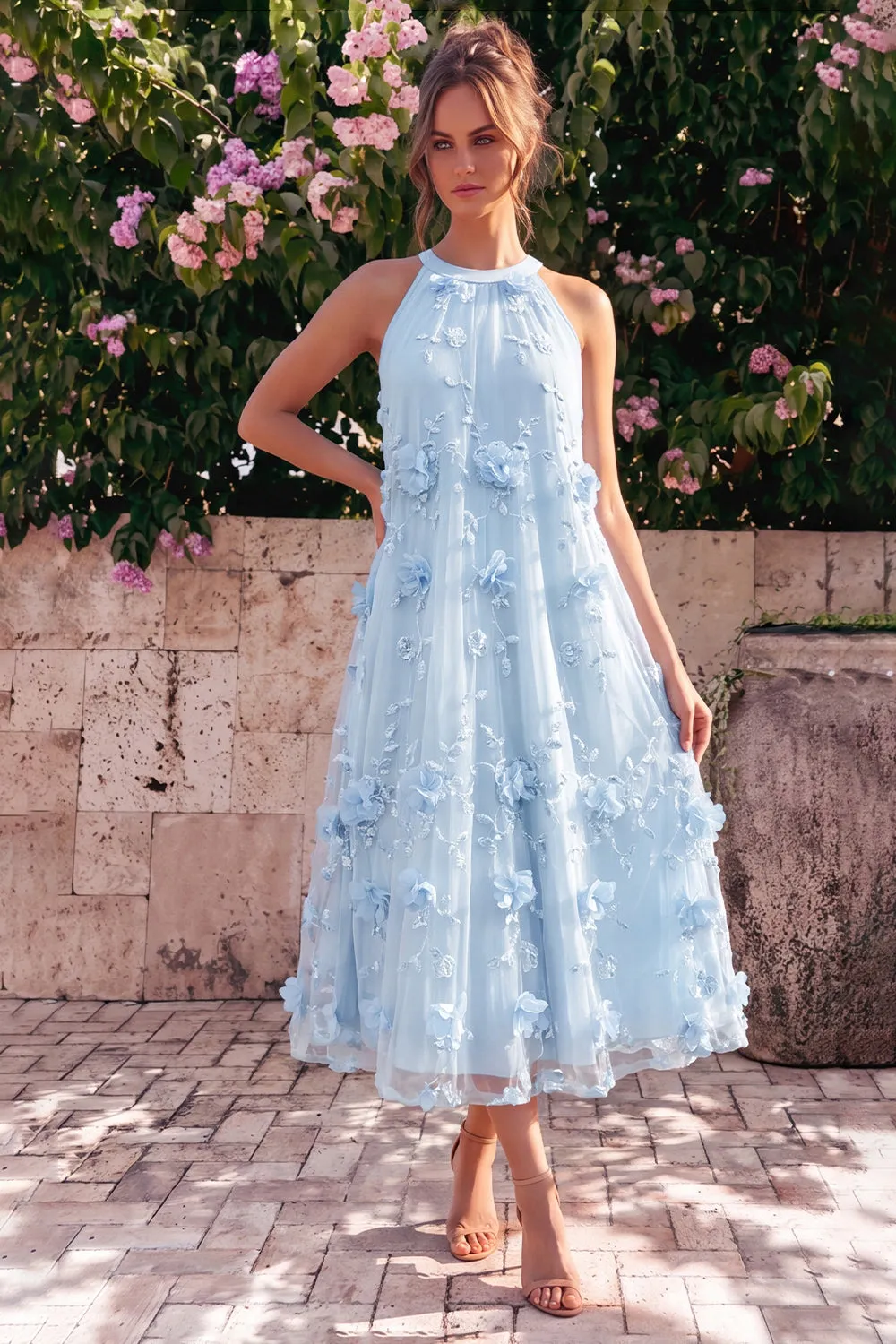 Halter A Line Pink Wedding Guest Dress with 3D Flowers sold by Wedtrend product image thumbnail 3