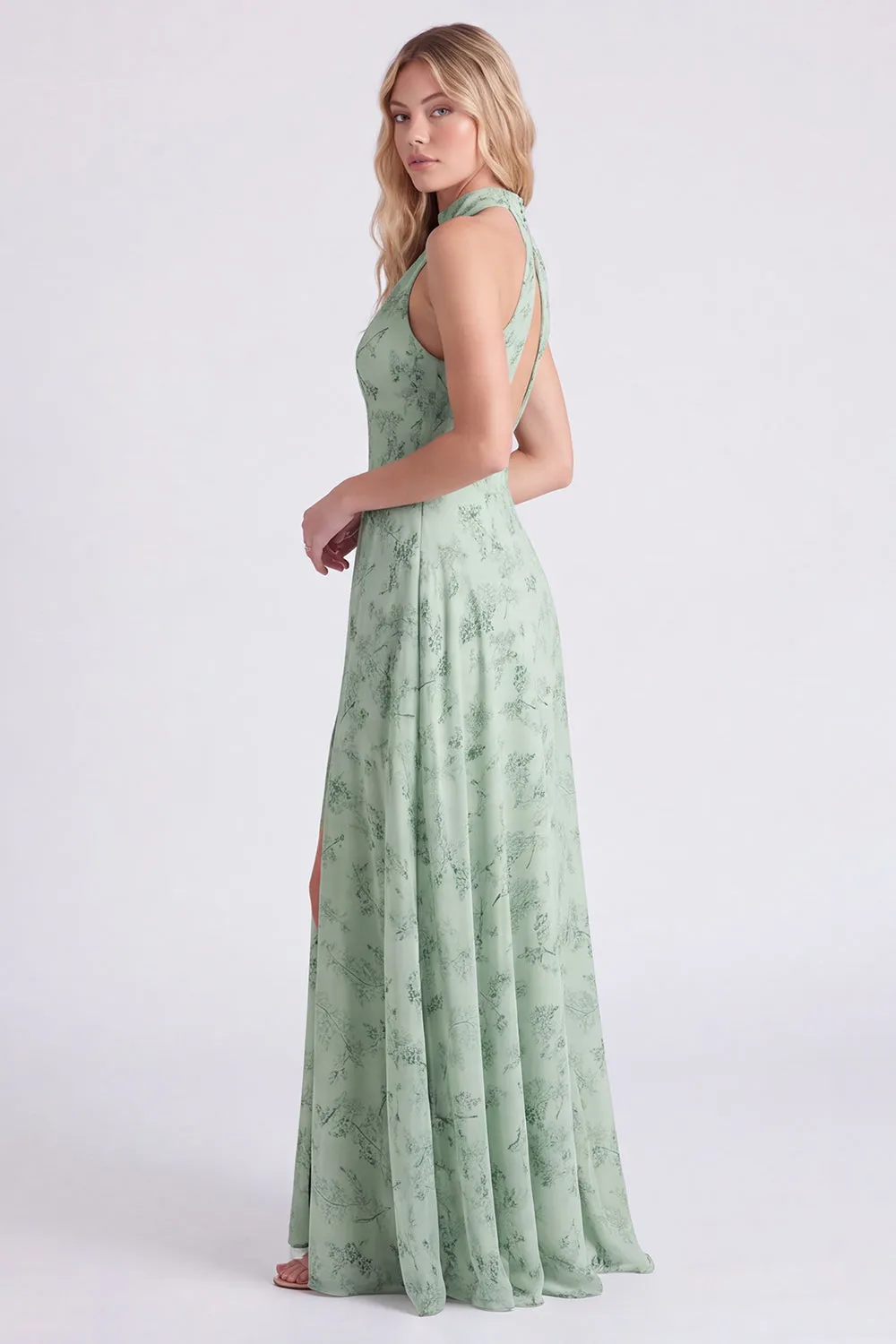 Halter Floral A Line Sage Bridesmaid Dress with Slit sold by Wedtrend product image thumbnail 3