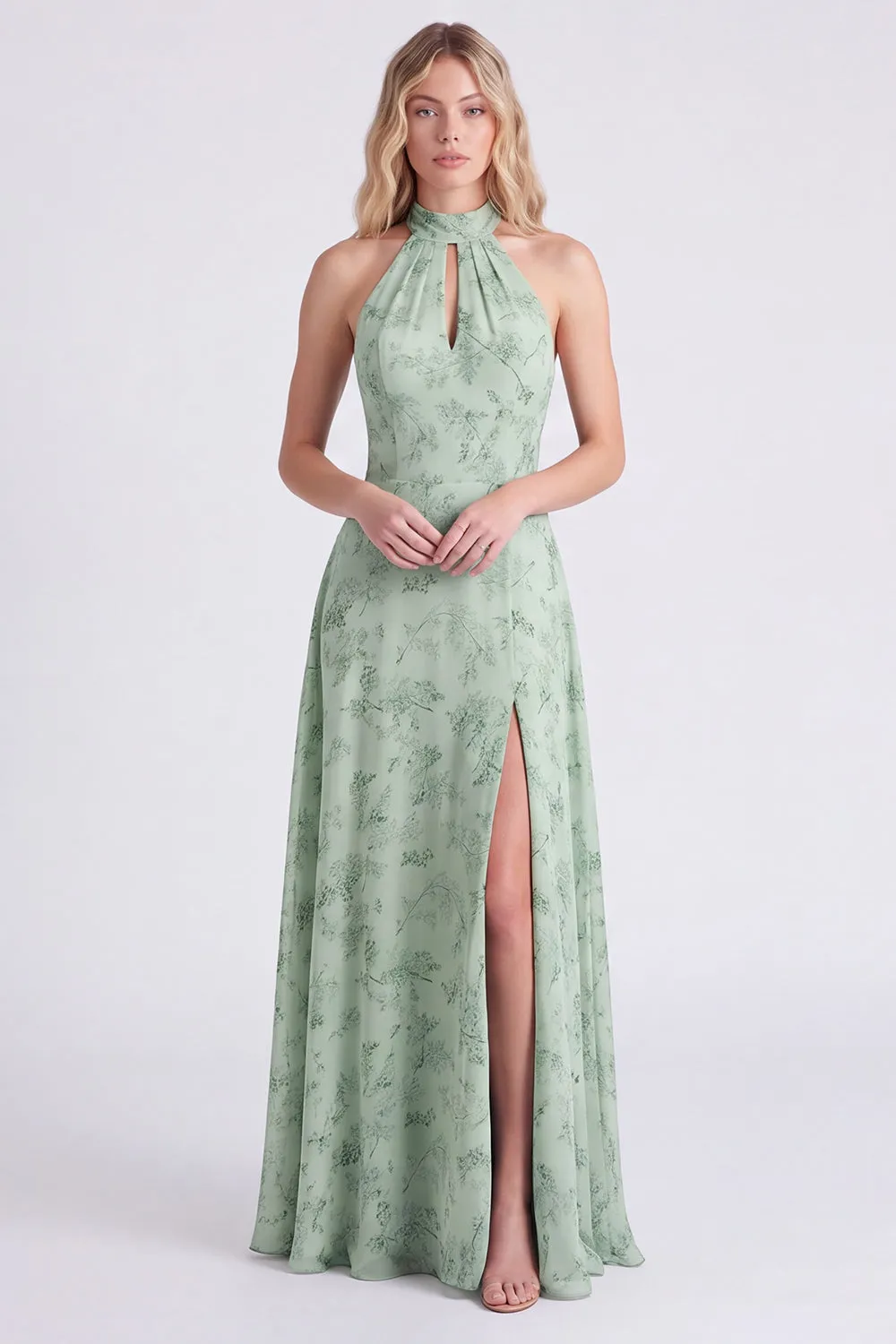 Halter Floral A Line Sage Bridesmaid Dress with Slit sold by Wedtrend