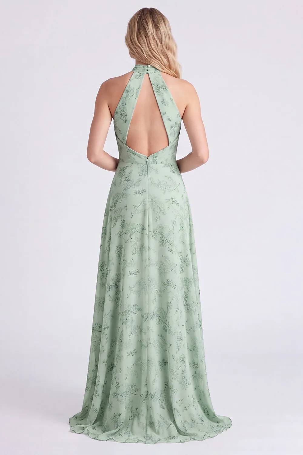 Halter Floral A Line Sage Bridesmaid Dress with Slit sold by Wedtrend product image thumbnail 2
