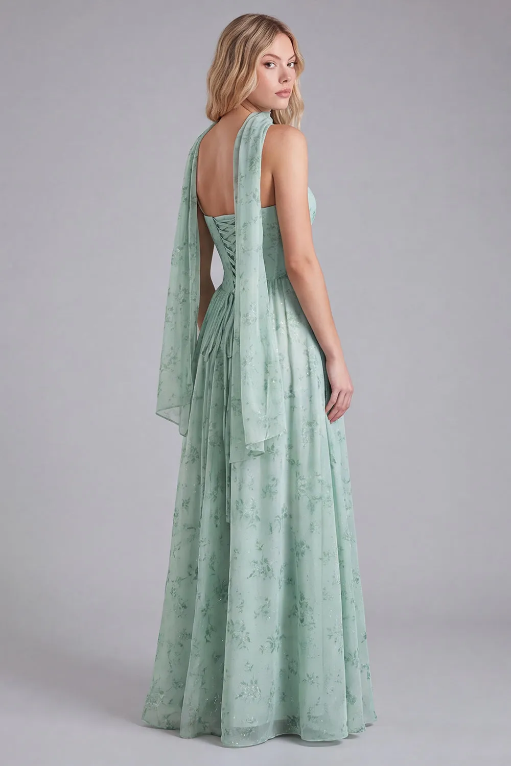 Sage A Line Corset Floral Long Bridesmaid Dress with Scarf sold by Wedtrend product image thumbnail 3