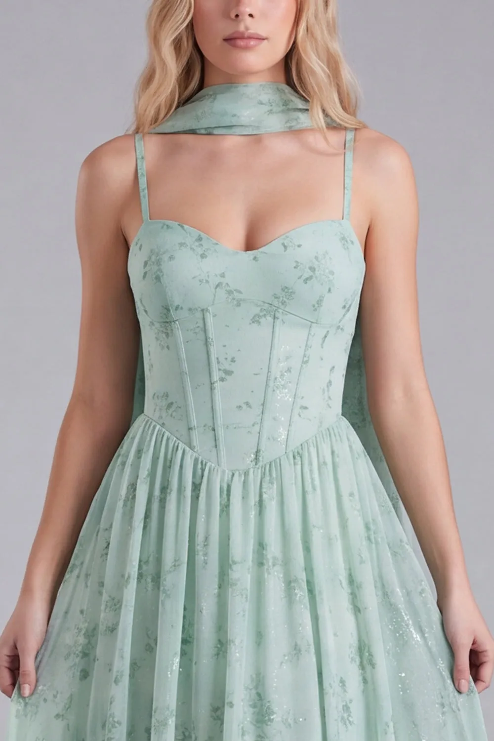 Sage A Line Corset Floral Long Bridesmaid Dress with Scarf sold by Wedtrend product image thumbnail 4