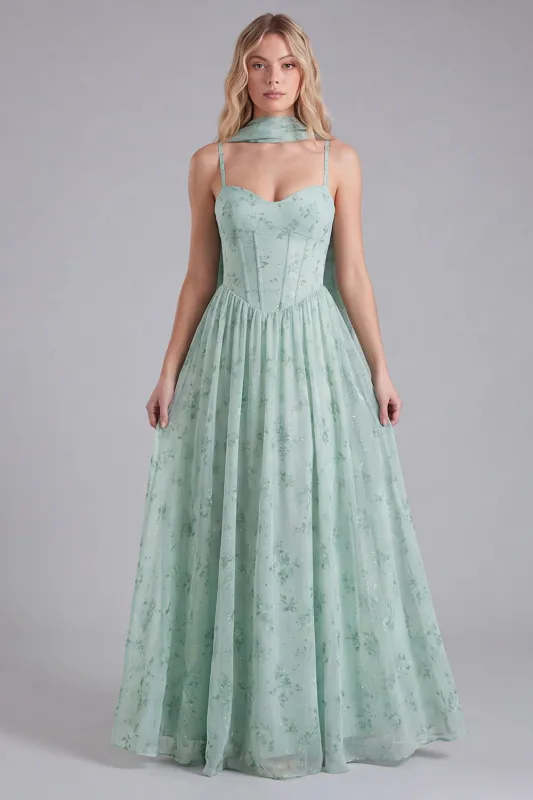 Sage A Line Corset Floral Long Bridesmaid Dress with Scarf made by Wedtrend