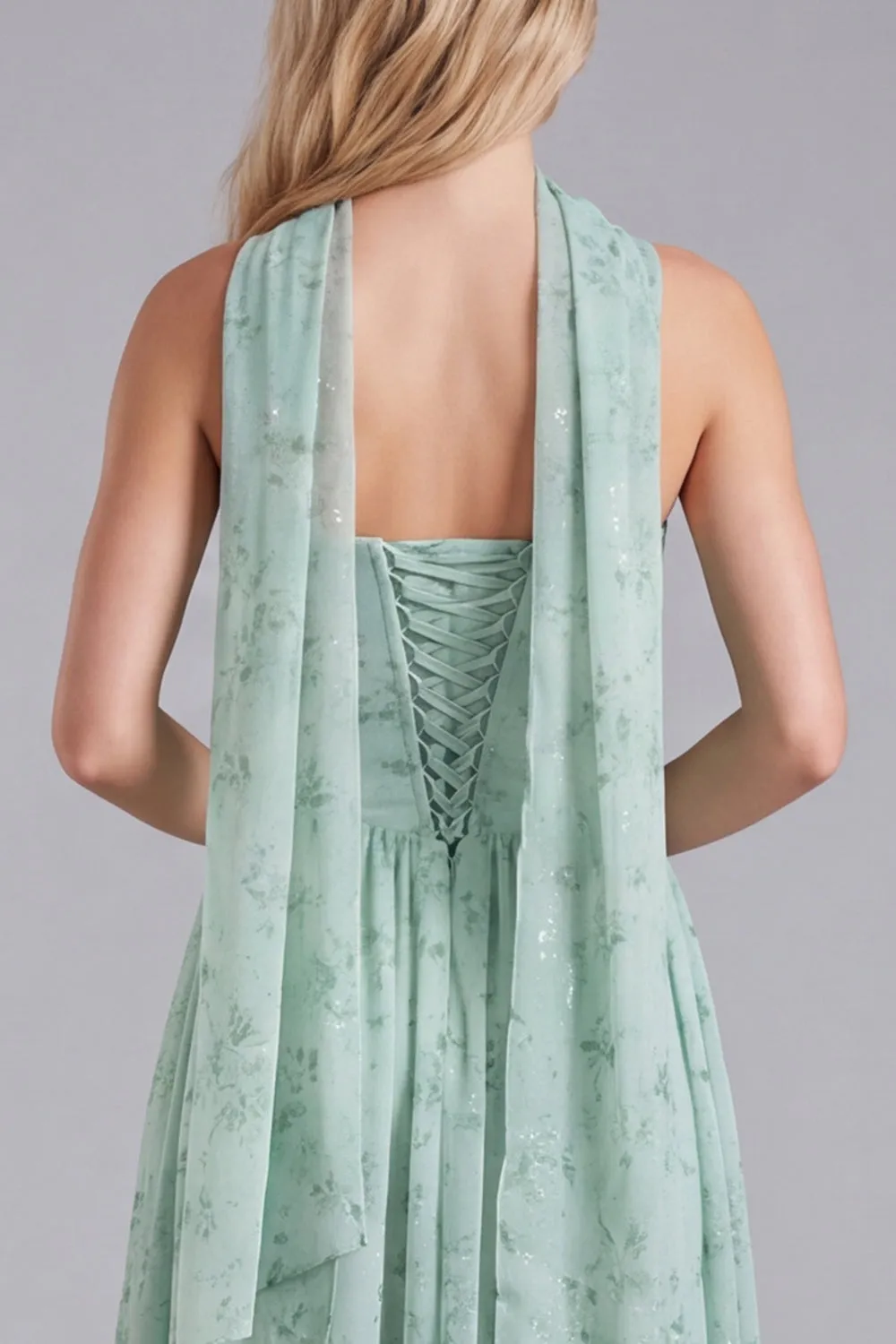 Sage A Line Corset Floral Long Bridesmaid Dress with Scarf sold by Wedtrend product image thumbnail 5