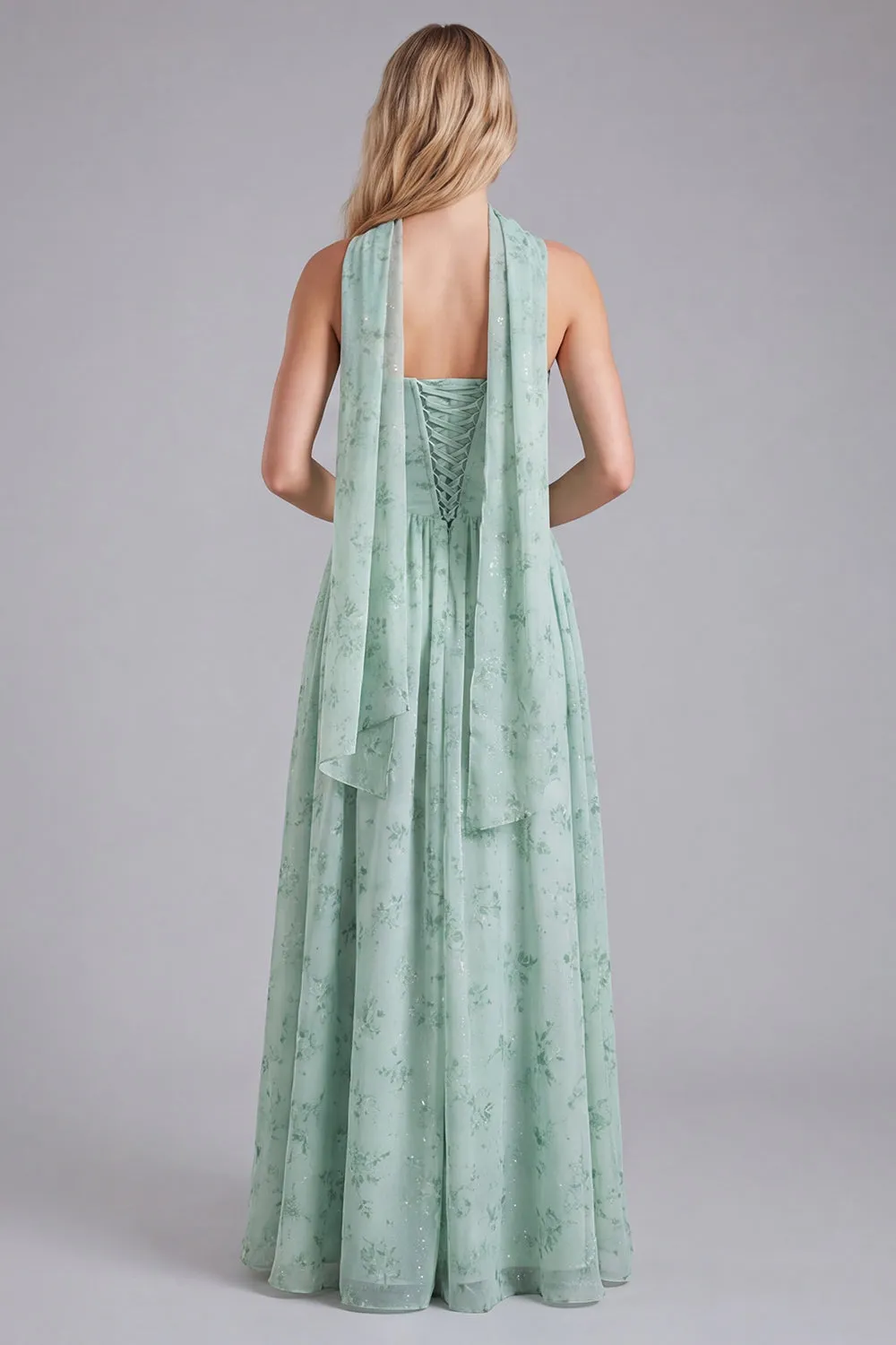 Sage A Line Corset Floral Long Bridesmaid Dress with Scarf sold by Wedtrend product image thumbnail 2