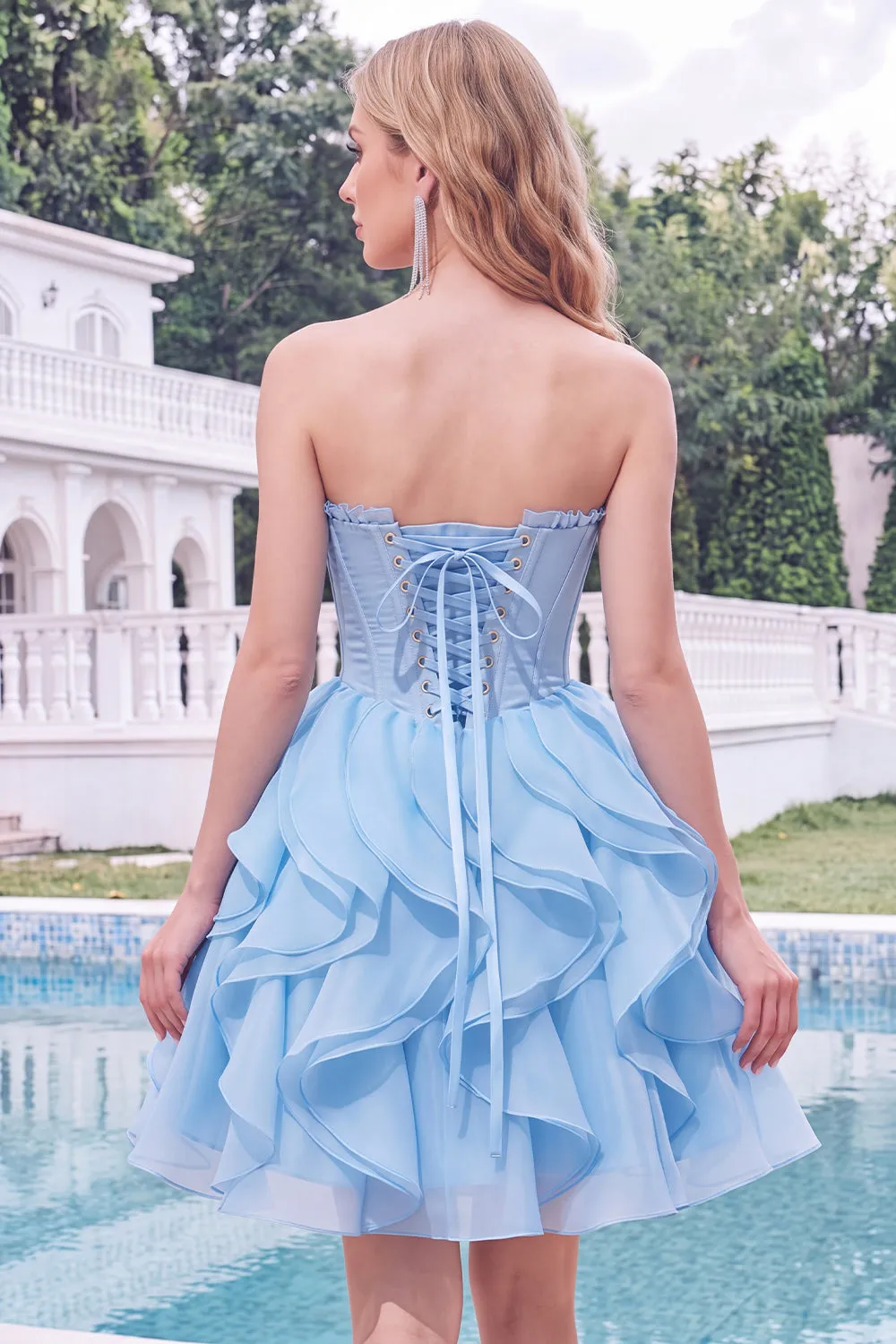 Light Blue Strapless Ruffled A Line Corset Short Homecoming Dress sold by Wedtrend product image thumbnail 2
