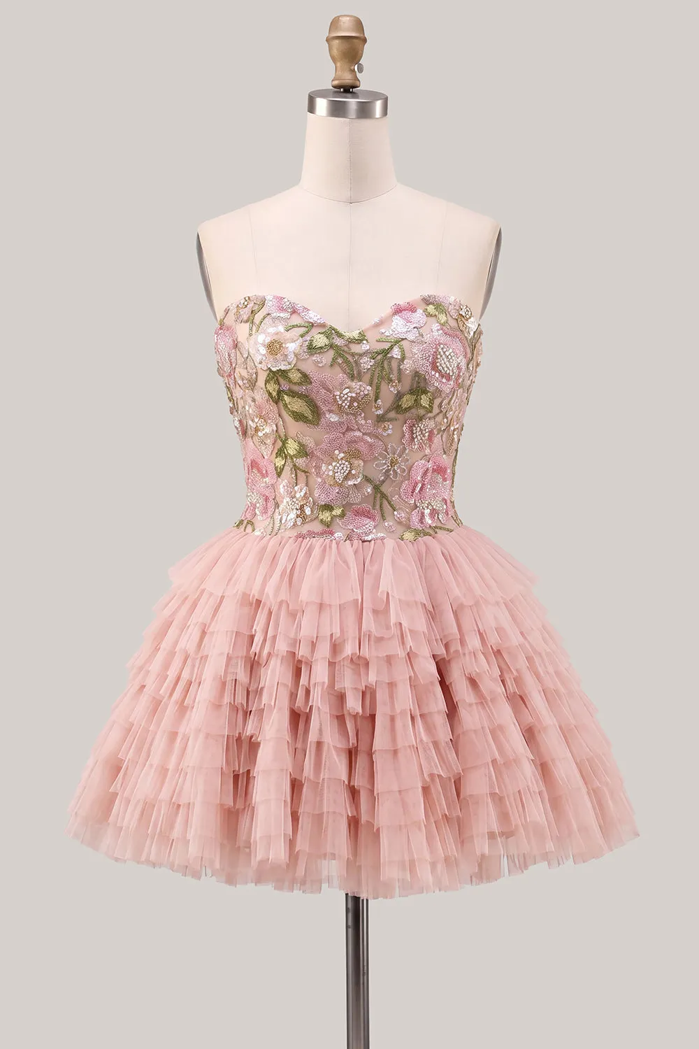Pink Sweetheart A Line Floral Tiered Short Homecoming Dress sold by Wedtrend product image thumbnail 5