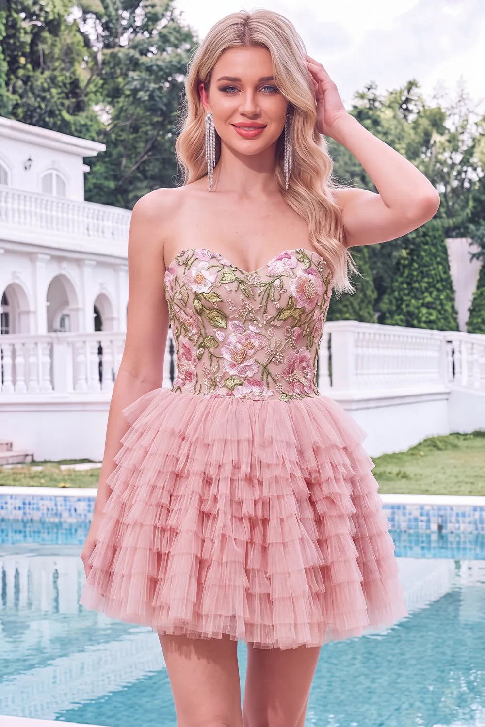 Pink Sweetheart A Line Floral Tiered Short Homecoming Dress sold by Wedtrend