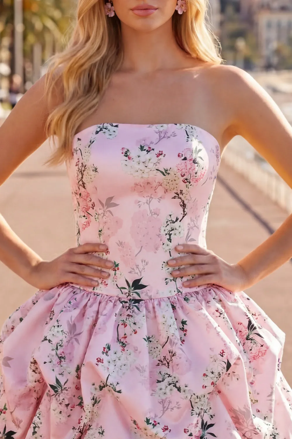Strapless A Line Floral Satin Pink Homecoming Dress sold by Wedtrend product image thumbnail 3
