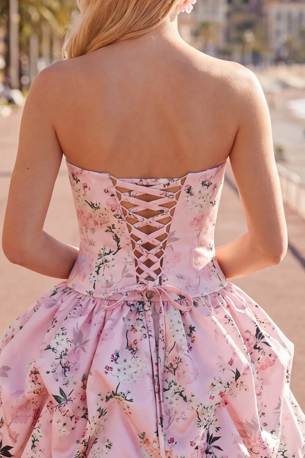 Strapless A Line Floral Satin Pink Homecoming Dress sold by Wedtrend product image thumbnail 4