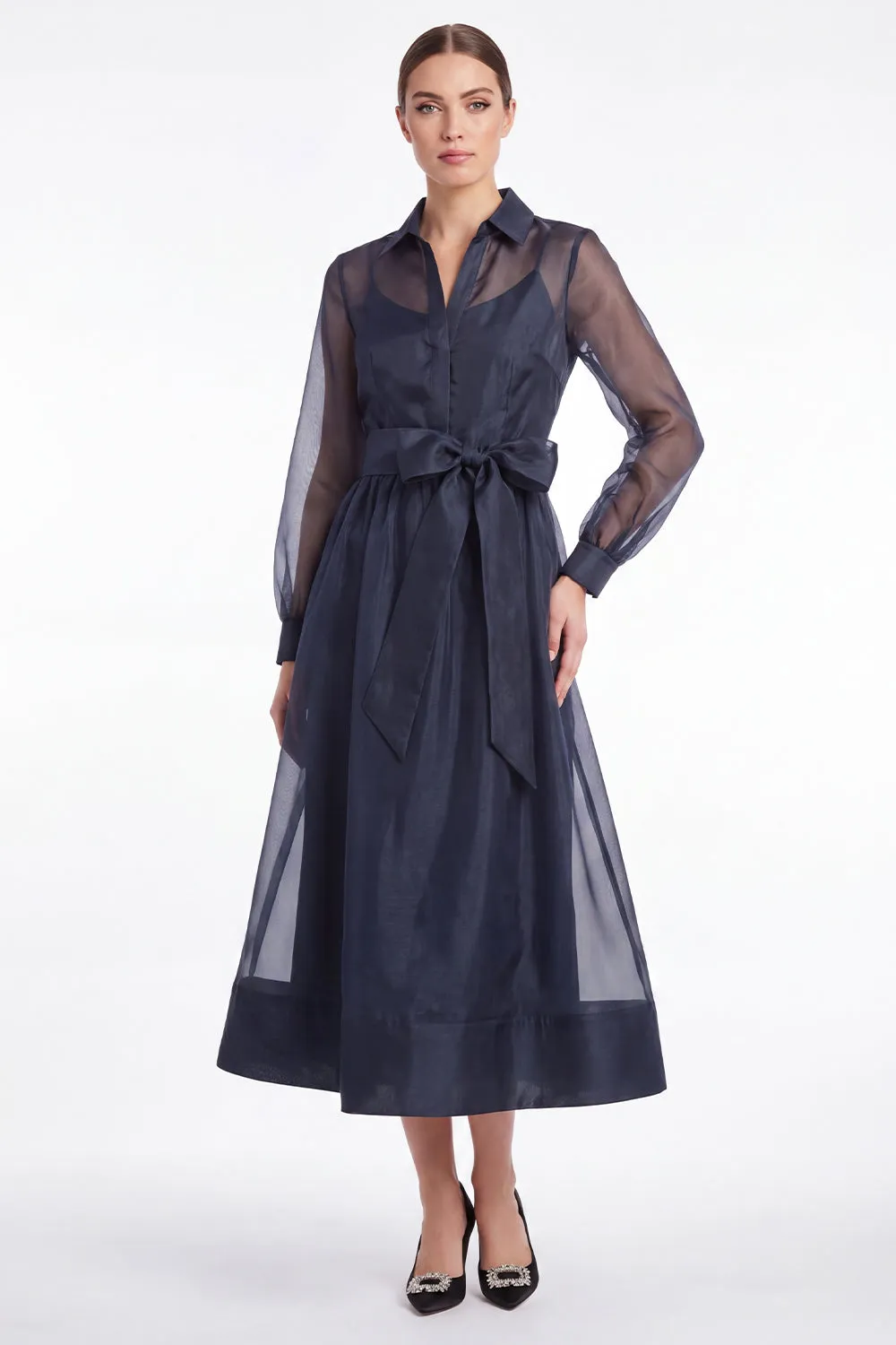 Dark Navy A Line Sheer Long Sleeve Organza Mother of the Bride Dress sold by Wedtrend