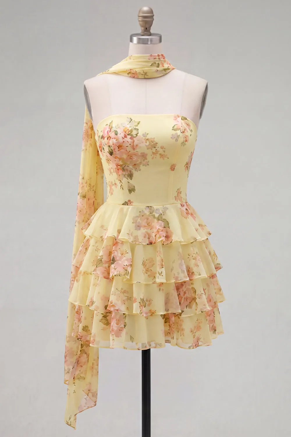 Strapless A Line Tiered Ruffle Floral Yellow Homecoming Dress with Scarf sold by Wedtrend product image thumbnail 5