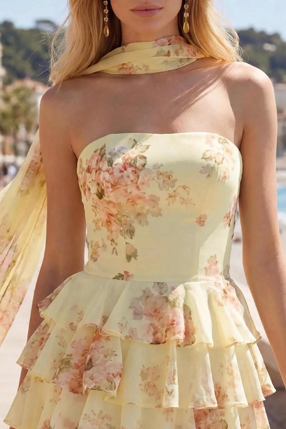Strapless A Line Tiered Ruffle Floral Yellow Homecoming Dress with Scarf sold by Wedtrend product image thumbnail 3