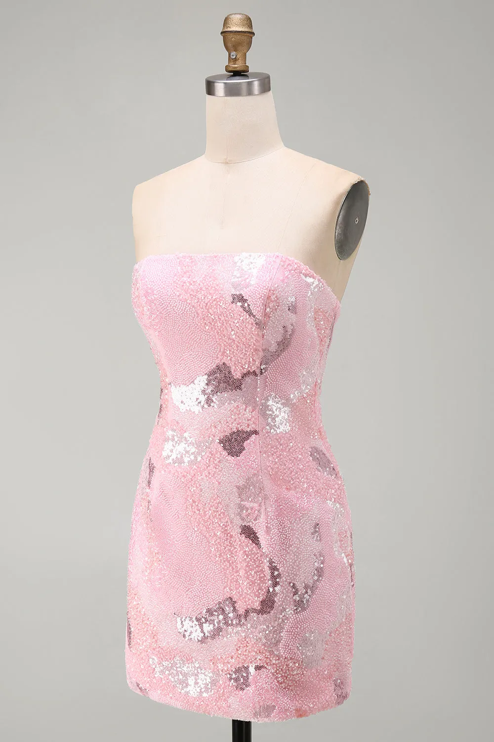 Pink Beaded Bodycon Strapless Short Homecoming Dress with Sequins sold by Wedtrend product image thumbnail 3