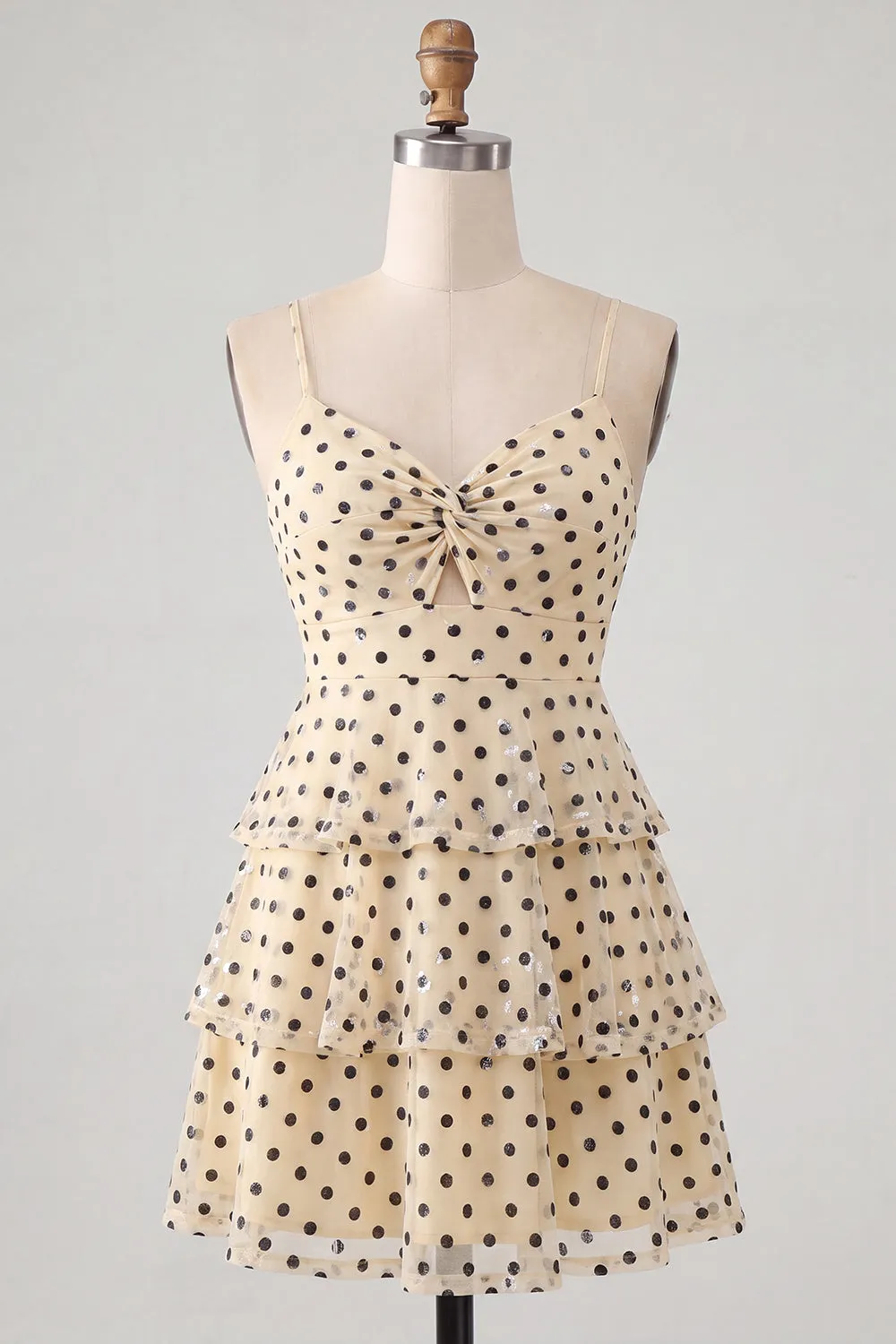 Champagne Black Polka Dot A Line Short Homecoming Dress sold by Wedtrend product image thumbnail 5