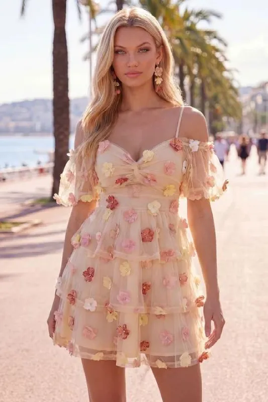 Champagne 3D Flower Cold Shoulder A Line Homecoming Dress made by Wedtrend