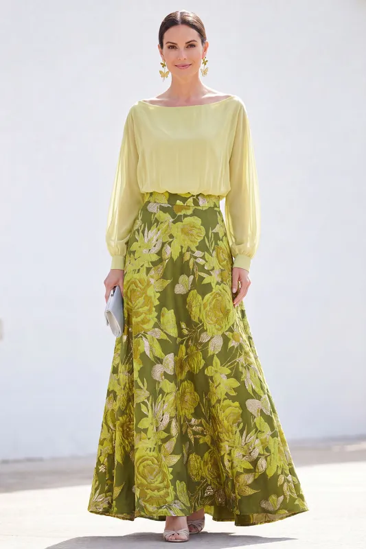 White Blue A Line Bateau Neck Jacquard Floral Long Sleeve Mother of the Bride Dress made by Wedtrend