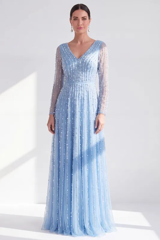 Blue V Neck A Line Beaded Long Sleeve Mother of the Bride Dress with Pearls made by Wedtrend