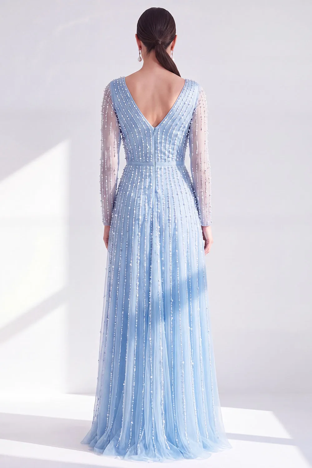 Blue V Neck A Line Beaded Long Sleeve Mother of the Bride Dress with Pearls sold by Wedtrend product image thumbnail 3