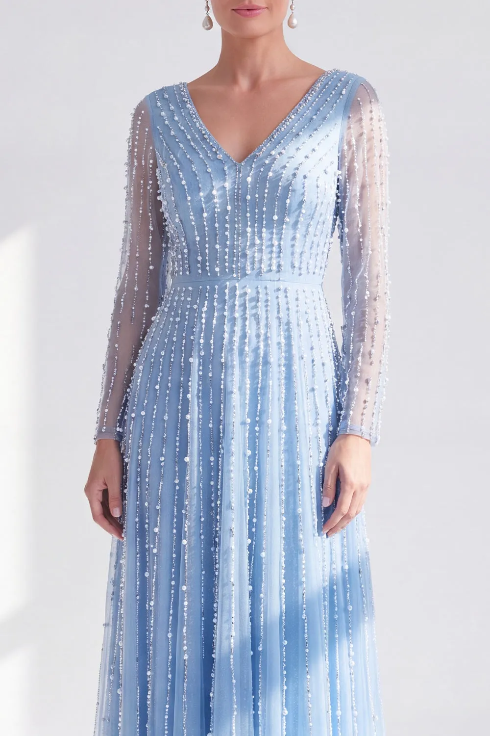 Blue V Neck A Line Beaded Long Sleeve Mother of the Bride Dress with Pearls sold by Wedtrend product image thumbnail 4