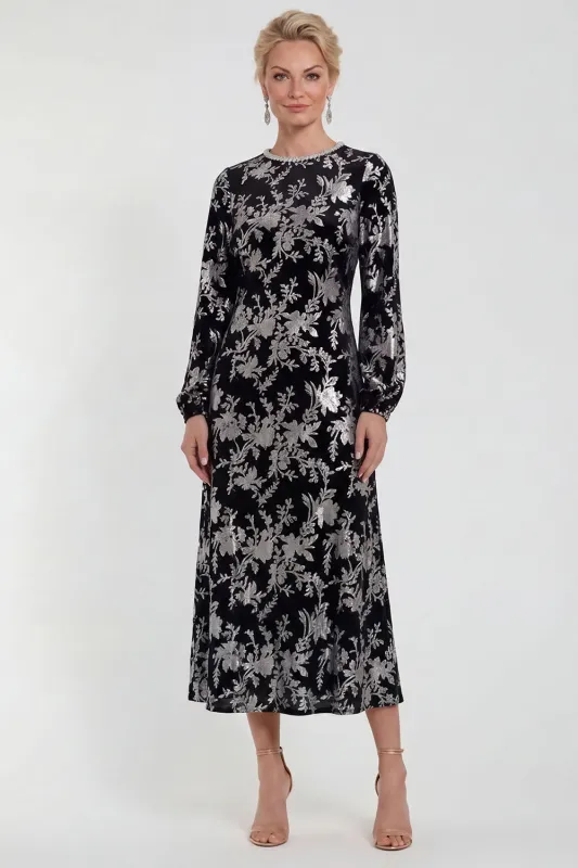 Floral Velvet Burnout Black Mother of the Bride Dress with Long Sleeves made by Wedtrend