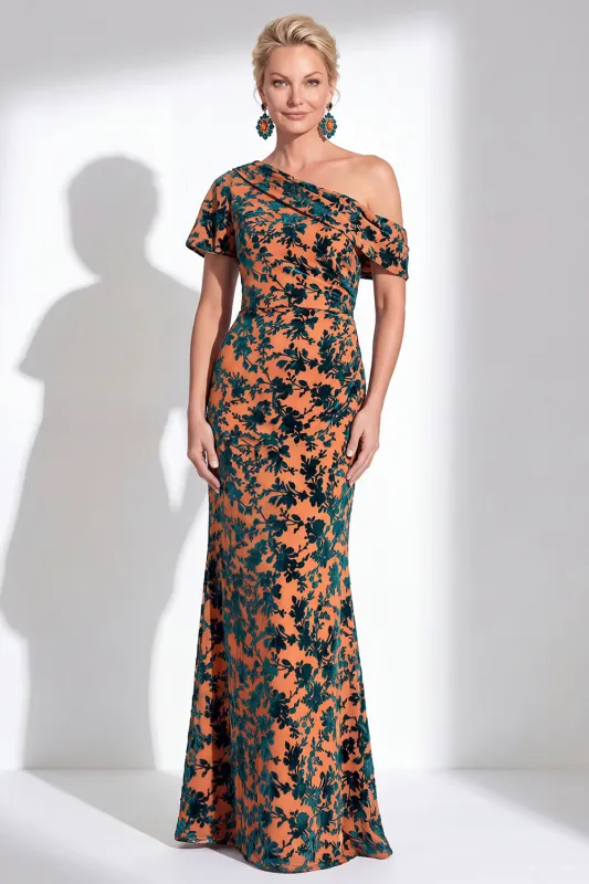 Orange Floral Velvet Burnout One Shoulder Mermaid Mother of the Bride Dress made by Wedtrend