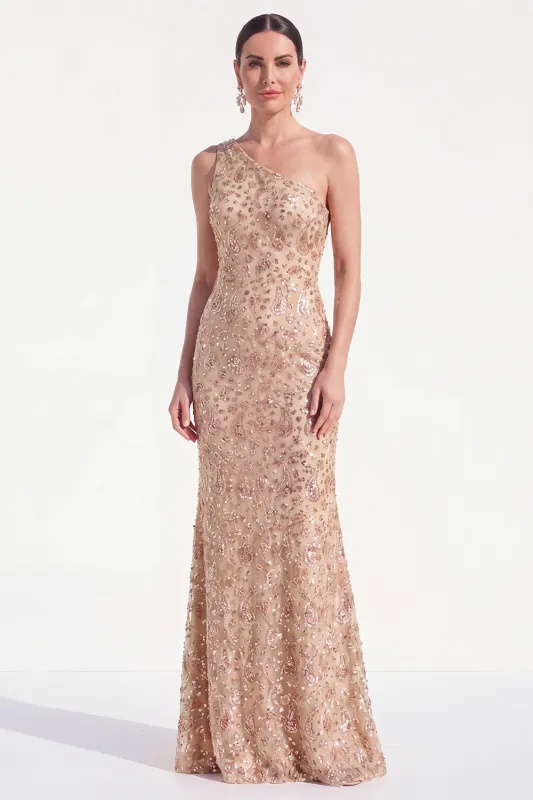 One Shoulder Champagne Sequin Mermaid Mother of the Bride Dress made by Wedtrend
