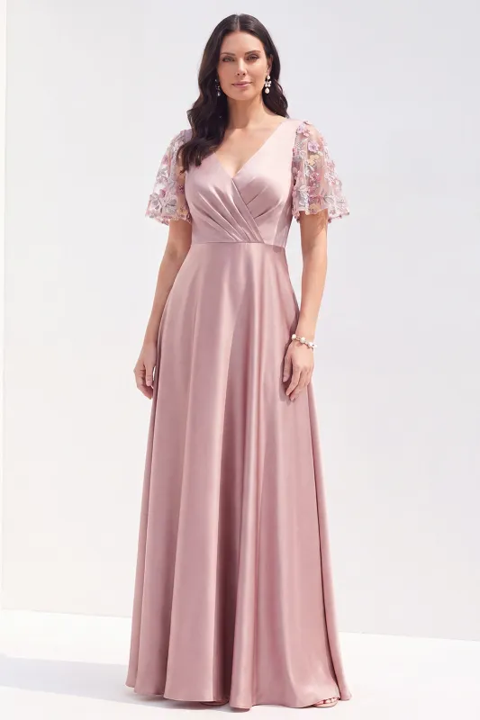 Grey Pink Satin A Line V Neck Maxi Dress with Floral Sleeves made by Wedtrend