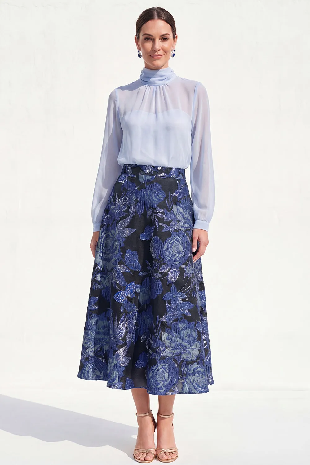 Purple Sheer High Neck Jacquard A Line Midi Mother of the Bride Dress with Long Sleeves sold by Wedtrend product image thumbnail 5