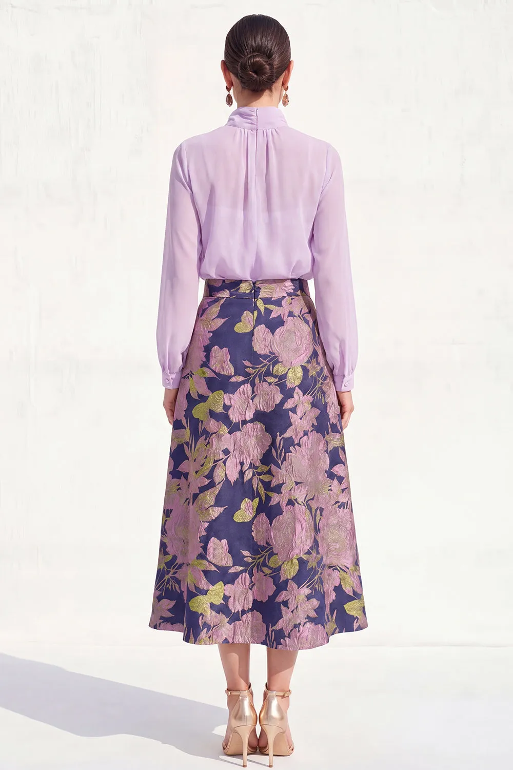 Purple Sheer High Neck Jacquard A Line Midi Mother of the Bride Dress with Long Sleeves sold by Wedtrend product image thumbnail 2