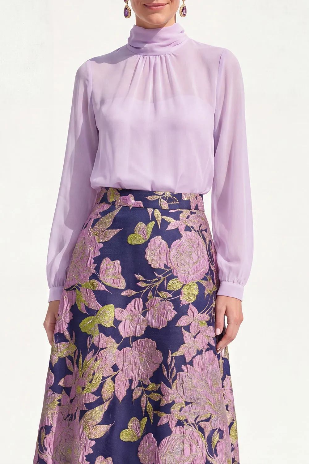 Purple Sheer High Neck Jacquard A Line Midi Mother of the Bride Dress with Long Sleeves sold by Wedtrend product image thumbnail 3
