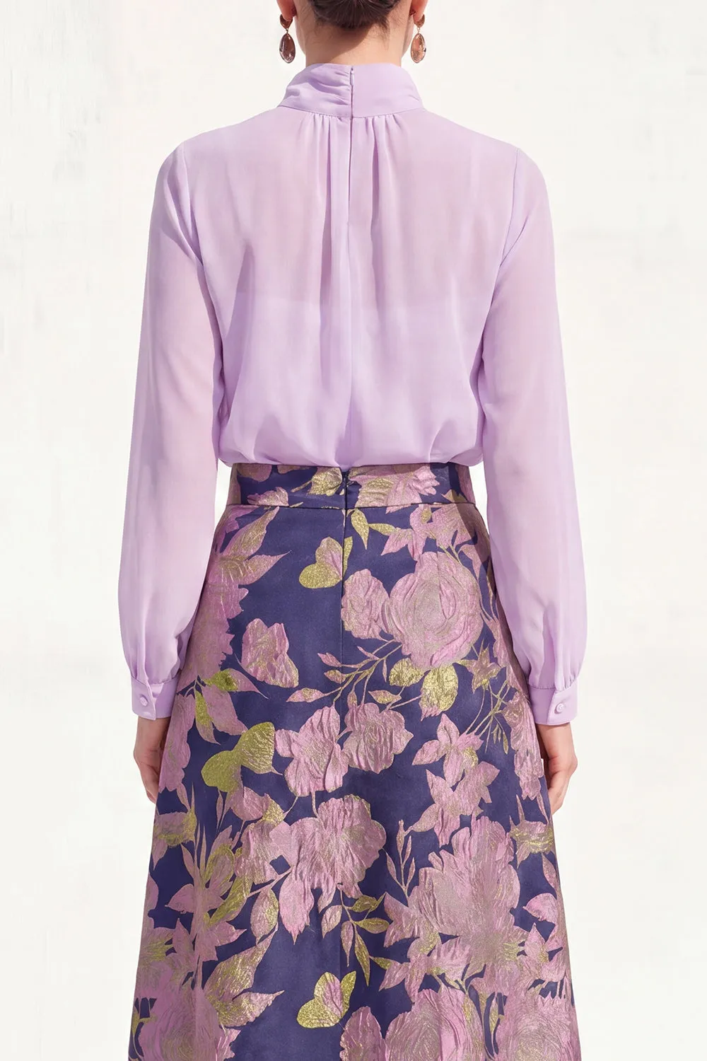 Purple Sheer High Neck Jacquard A Line Midi Mother of the Bride Dress with Long Sleeves sold by Wedtrend product image thumbnail 4