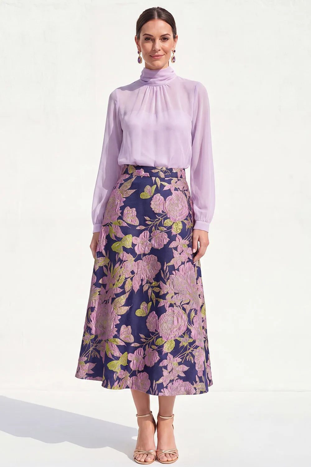 Purple Sheer High Neck Jacquard A Line Midi Mother of the Bride Dress with Long Sleeves sold by Wedtrend